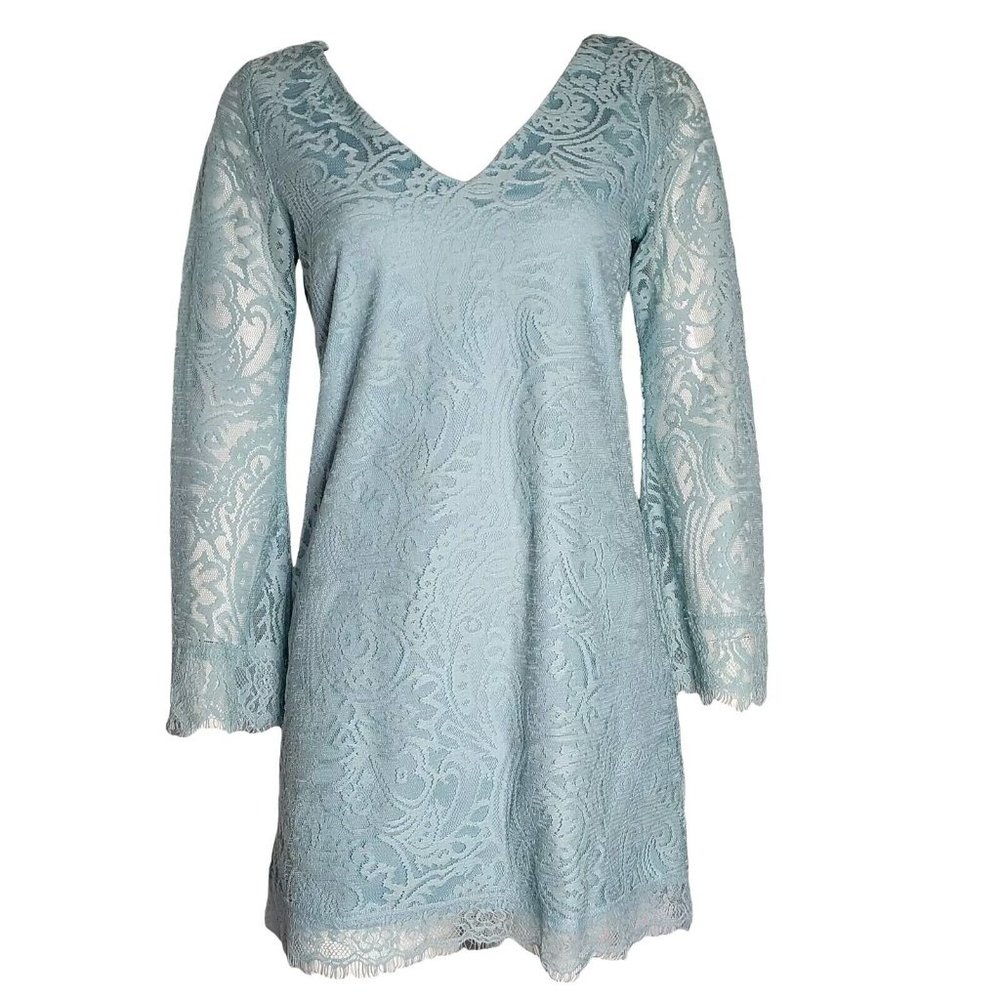 CHARLOTTE RUSSE Solid All Blue Lace Overlay‎ Long Sleeve Dress Womens Size Small